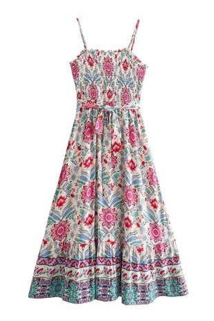 Maxie Multi Color Floral Print A-Line Smocked Strap Dress - The Look By Lucy