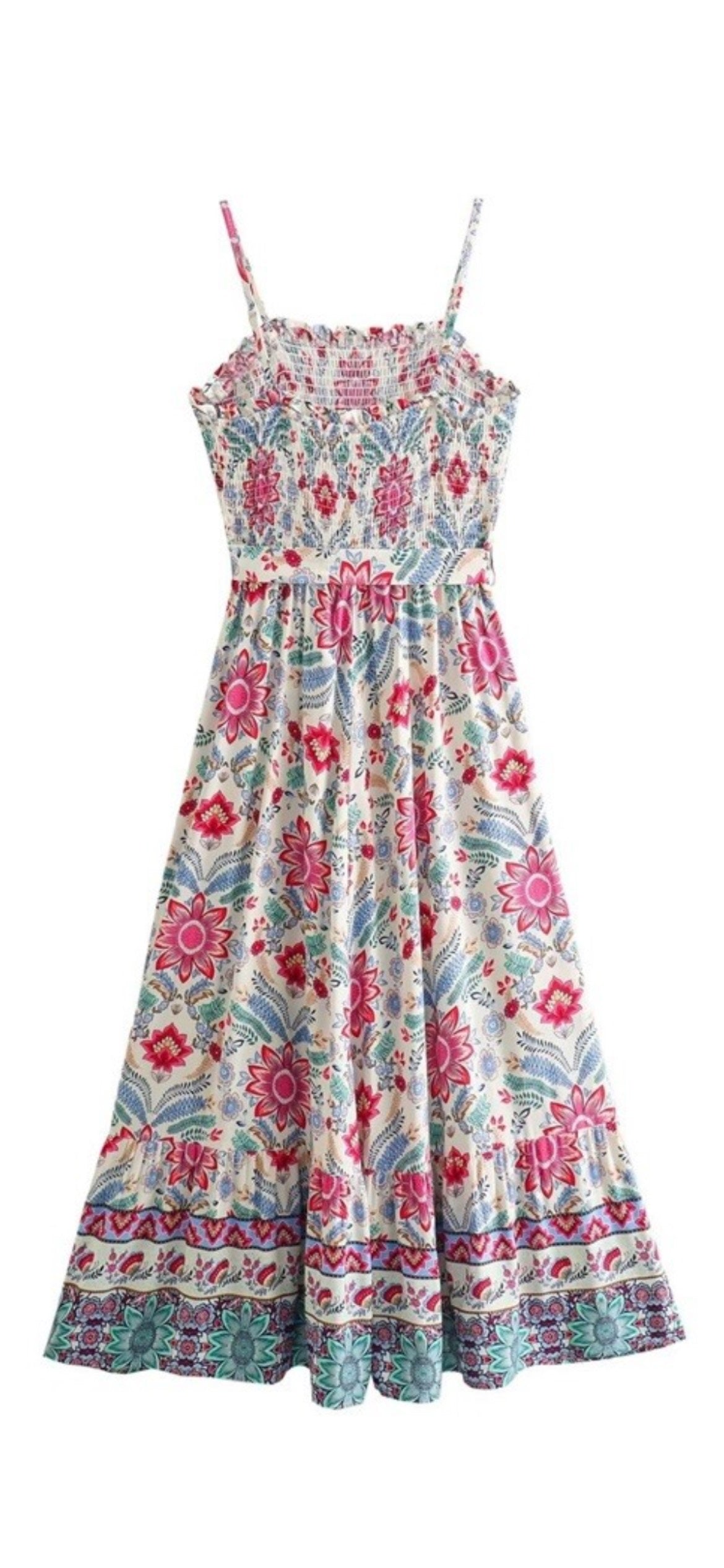 Maxie Multi Color Floral Print A-Line Smocked Strap Dress - The Look By Lucy