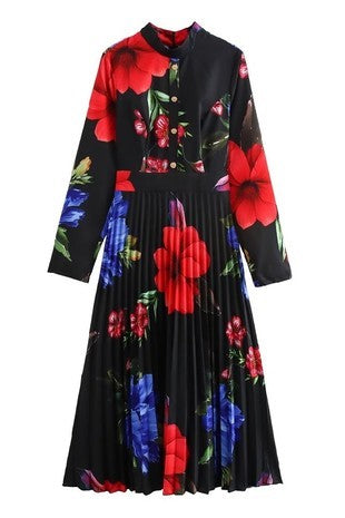 Melanie Black Floral Printed Pleated Dress - The Look By Lucy