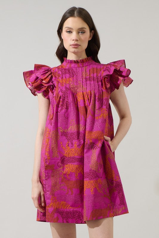 Mia Magenta Tiger and Leopard 100 % Cotton Dress With Pockets
