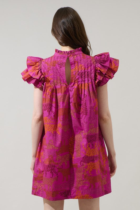 Mia Magenta Tiger and Leopard 100 % Cotton Dress With Pockets