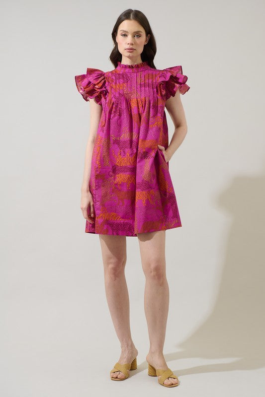 Mia Magenta Tiger and Leopard 100 % Cotton Dress With Pockets
