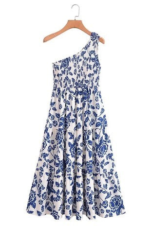 Mitzi Blue Floral One Shoulder Smocked Dress - The Look By Lucy