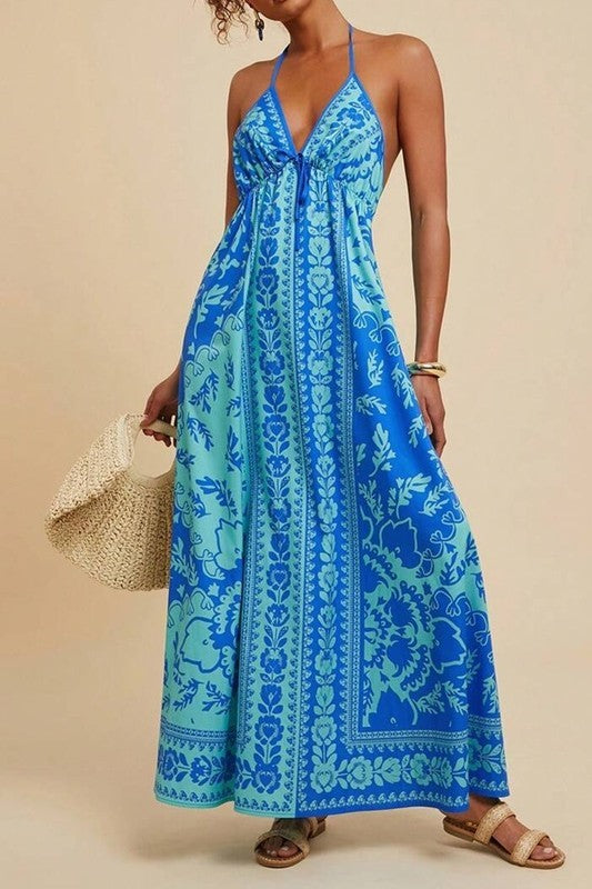 Ocean Blue Printed Halter Dress