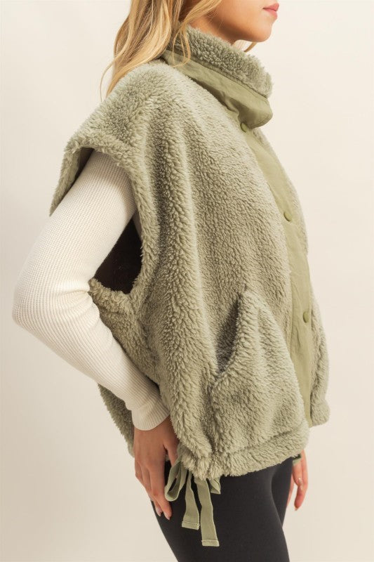 Olive Light Green Sherpa Vest With Pockets - The Look By Lucy
