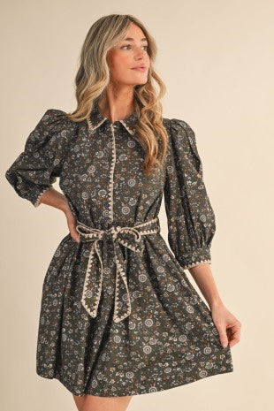 Olive Floral Dress With Pockets