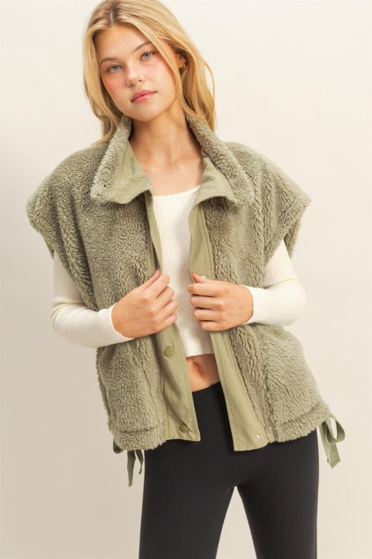 Olive Light Green Sherpa Vest With Pockets - The Look By Lucy