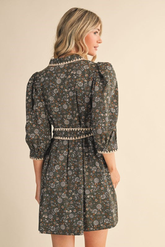 Olive Floral Dress With Pockets