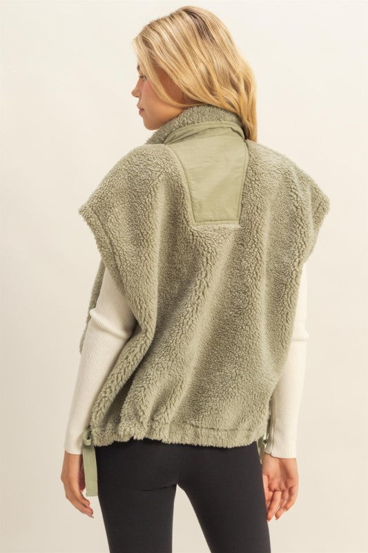 Olive Light Green Sherpa Vest With Pockets - The Look By Lucy
