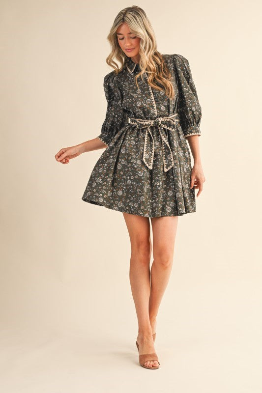 Olive Floral Dress With Pockets