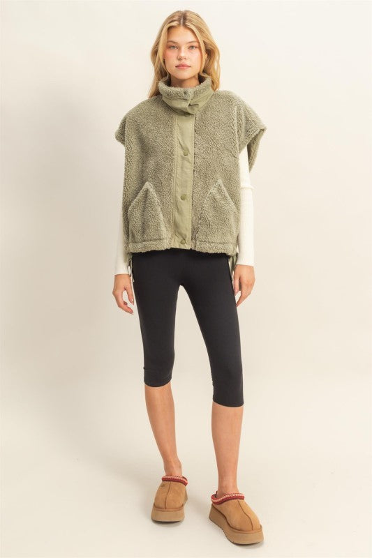 Olive Light Green Sherpa Vest With Pockets - The Look By Lucy