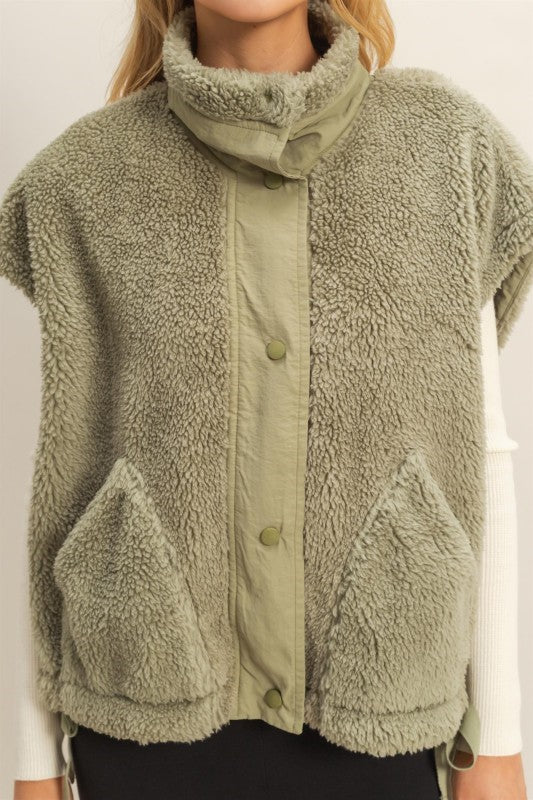 Olive Light Green Sherpa Vest With Pockets - The Look By Lucy