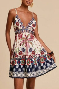 Penelope Navy and White Printed V-Neck Mini Dress