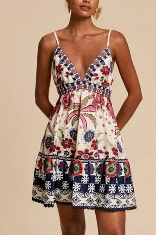 Penelope Navy and White Printed V-Neck Mini Dress - The Look By Lucy