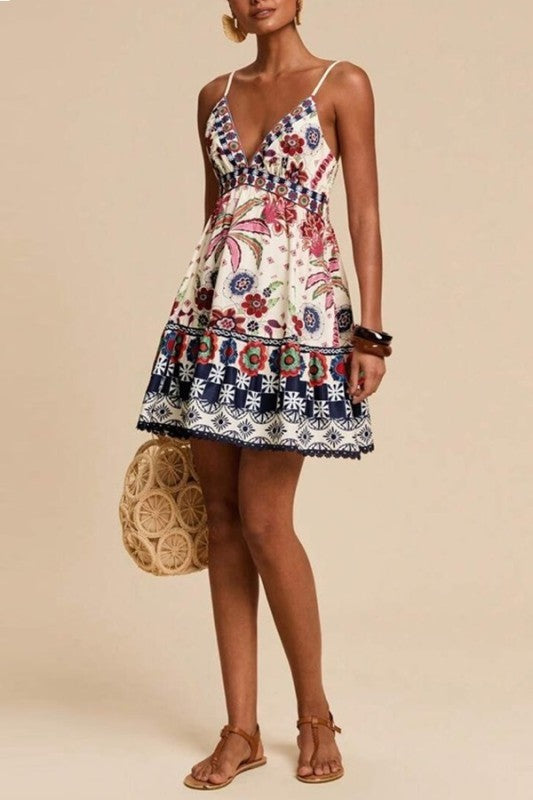 Penelope Navy and White Printed V-Neck Mini Dress
