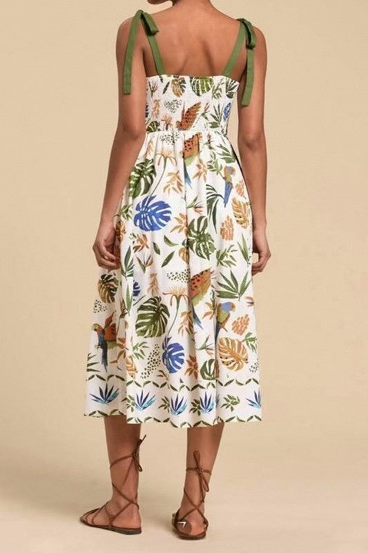 Piper Green Tropical Print Shoulder Tie Dress