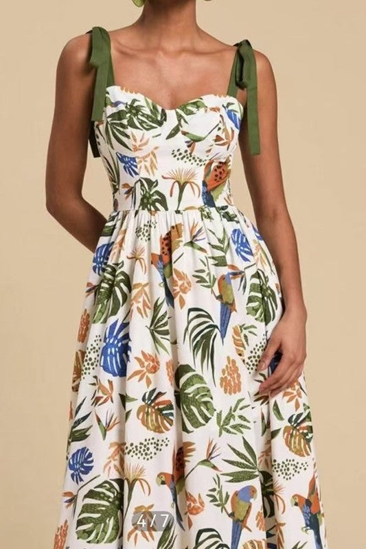 Piper Green Tropical Print Shoulder Tie Dress