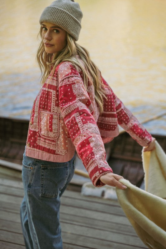 Quinn Red Bandana Print Cotton Quilted Jacket With Pockets