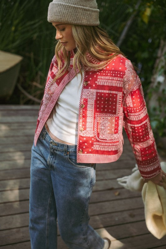 Quinn Red Bandana Print Cotton Quilted Jacket With Pockets