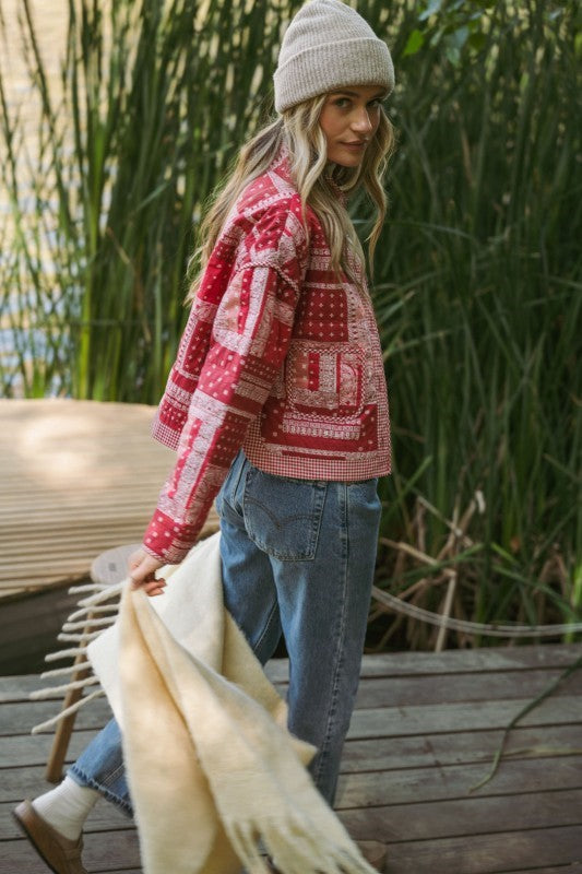 Quinn Red Bandana Print Cotton Quilted Jacket With Pockets