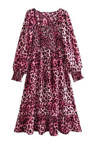 Shelia Hot Pink Leopard Print Long Sleeve Square Neck Smocked Dress - The Look By Lucy