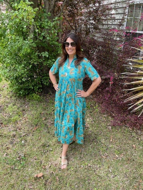 Poppy Blue Tiger Block Print All Cotton Dress With Pockets - The Look By Lucy