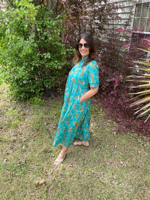 Poppy Blue Tiger Block Print All Cotton Dress With Pockets