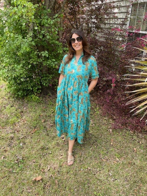 Poppy Blue Tiger Block Print All Cotton Dress With Pockets