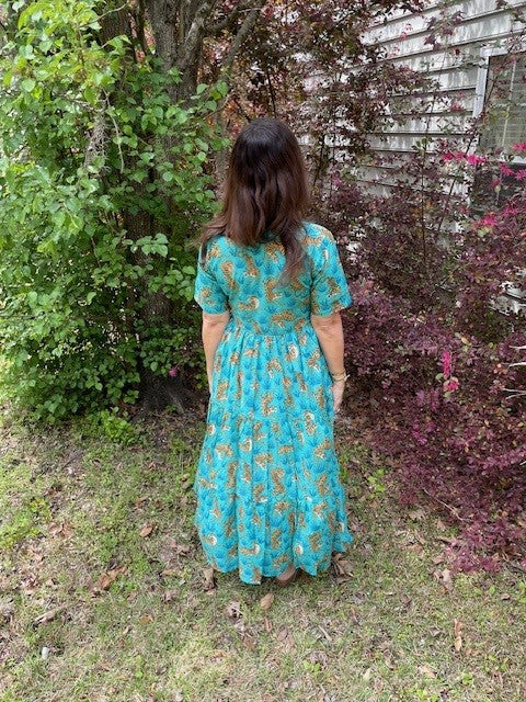 Poppy Blue Tiger Block Print All Cotton Dress With Pockets