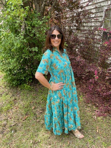 Poppy Blue Tiger Block Print All Cotton Dress With Pockets