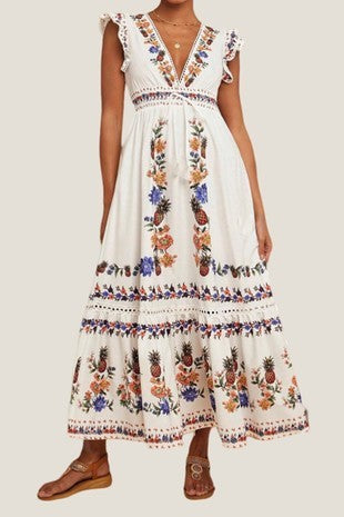Summer White Pineapple and Flower Print Dress - The Look By Lucy