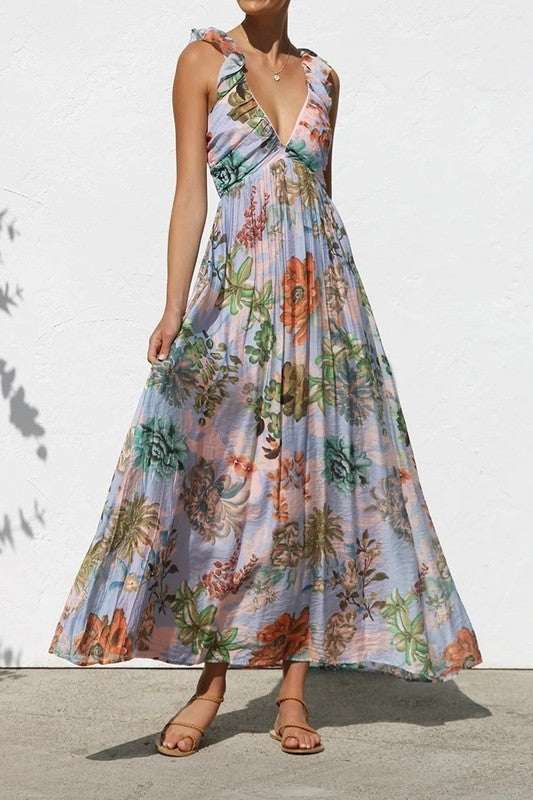 Sylvie Multi Floral Print Ruffle Strap Dress With Smocked Back - The Look By Lucy