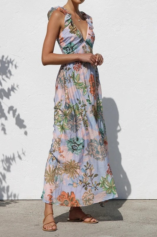 Sylvie Multi Floral Print Ruffle Strap Dress With Smocked Back - The Look By Lucy