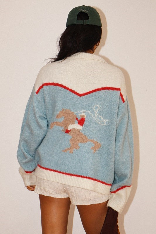 Tess Sky Blue Rodeo Cowboy Zip Sweater