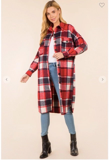 Heather Red Plaid Oversized Long Shacket - The Look By Lucy